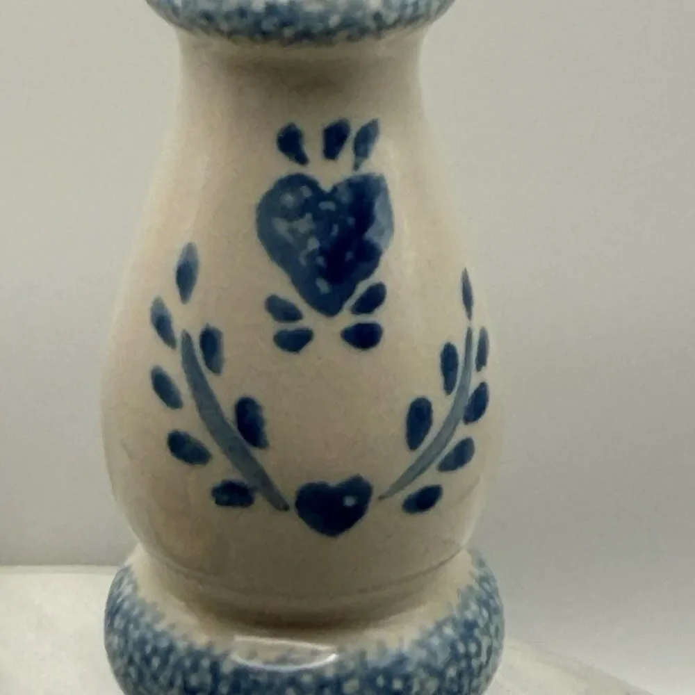 Vintage Blue Heart Spongeware Ceramic Candlestick Holders Pair Country 7.5
